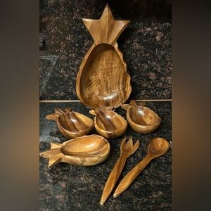 Vintage MONKEY POD PINEAPPLE SALAD SET WITH 4 BOWLS